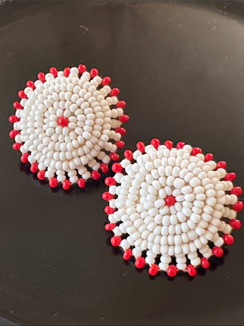 VTG Handmade White and Red Beaded Disc Earrings 1950s - Women Jewelry